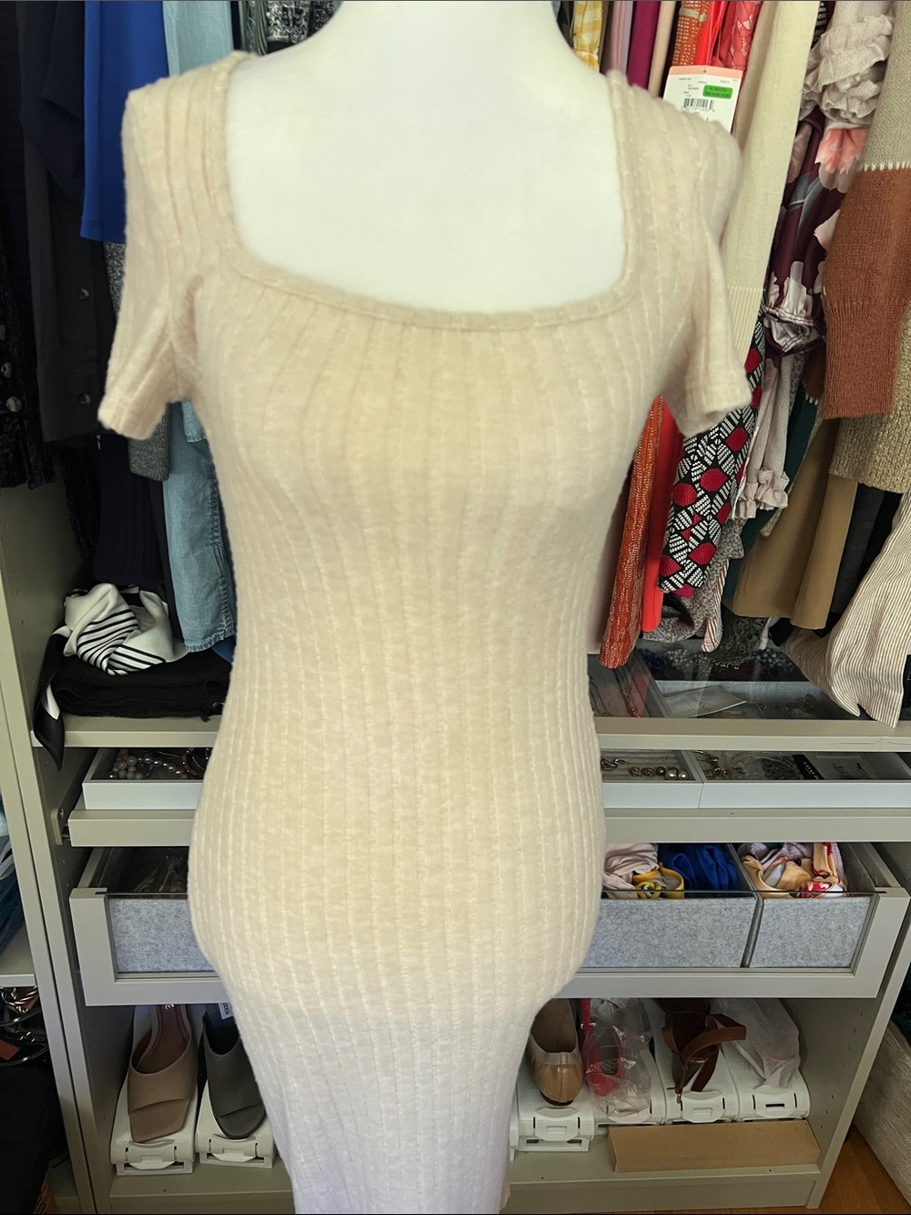 SHEIN • NWT • Women’s XS • Soft Ribbed Square Neck Bodycon Dress • Cream